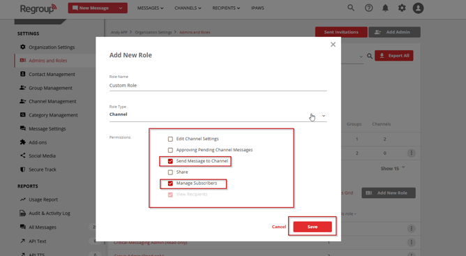 Group or channel selection for an admin role