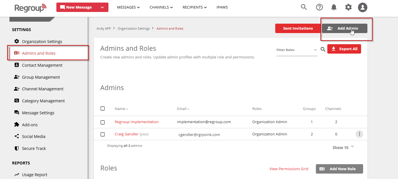 Add Admin button on the Admins page