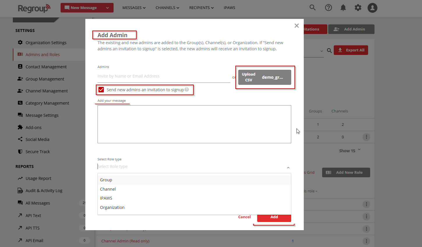 Invitation message options for new admins
